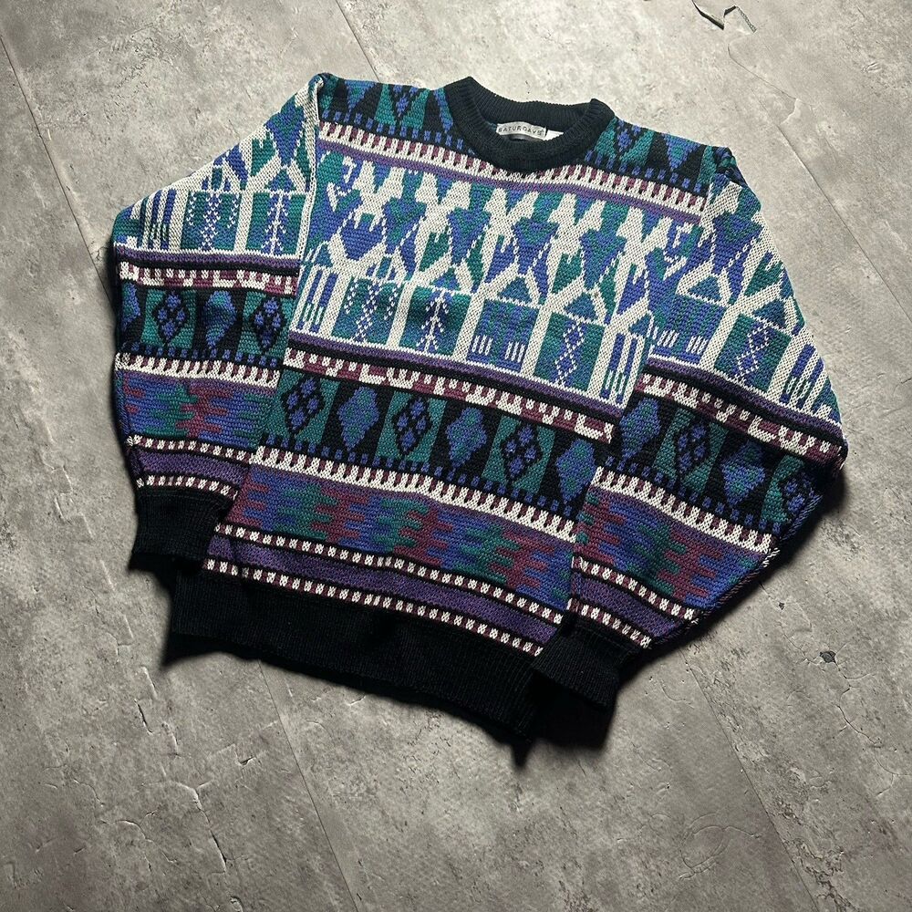Vtg 80s Explosive Saturdays Blue Purple Aztec Pattern Sweater Mens Size Medium